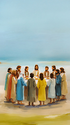 JPG 종교 문화 음식 일러스트 식탁 이야기 대화 풍경 해변 축제 식사 모임 시간 원형 예수 역사 그림 제자 공동체 국내일러스트 AI일러스트 AI콘텐츠 도형 바다 탁자 말하기 신_종교 파일형식