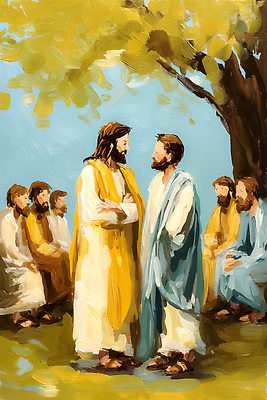 JPG 나무 전통 교육 종교 일러스트 이야기 대화 여러명 여름 믿음 만남 예수 가르침 장면 제자 경전 공동체 평야 국내일러스트 AI일러스트 AI콘텐츠 식물 계절 감정 다수 컨셉 자연 말하기 사람 책 신_종교 파일형식