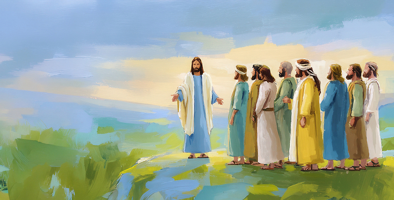 JPG 종교 상징 일러스트 모션 하늘 이야기 여러명 믿음 공간 듣기 만남 시간 예수 역사 언덕 그림 교훈 제자들 국내일러스트 AI일러스트 AI콘텐츠 감정 다수 컨셉 사람 신_종교 파일형식