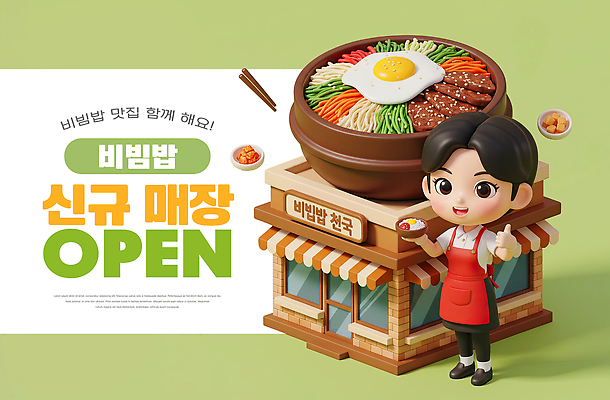 편집이미지 한식 음식 상점 파일형식 비빔밥 고객 요리 재료 모형 알림 오픈 맛집 식사 점심 이미지편집 PSD 프랜차이즈