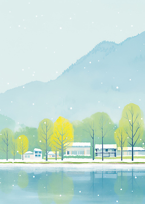 자연요소 식물 계절 컨셉 건물 물 생태계 파일형식 강 나무 주택 겨울 풍경 산 수면 자연 평화 묘사 차가움 날씨 컬러 반사 그림 조화 국내일러스트 일러스트 JPG