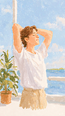 JPG 식물 행복 감정 바다 일러스트 자연 날씨 휴식 사람 야외 여름 햇빛 태양 평화 자유 시간 즐거움 무릎 위치 목소리 마지막 국내일러스트 AI일러스트 AI콘텐츠 자연요소 계절 컨셉 신체부위 생태계 파일형식