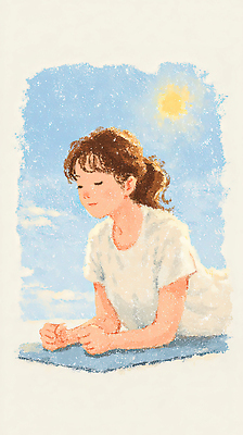 JPG 여자 행복 얼굴 생각 일러스트 모션 자연 하늘 날씨 풍경 여름 청춘 햇빛 태양 감상 시간 편안함 조용 국내일러스트 AI일러스트 AI콘텐츠 자연요소 계절 감정 컨셉 사람 신체부위 감각 생태계 파일형식