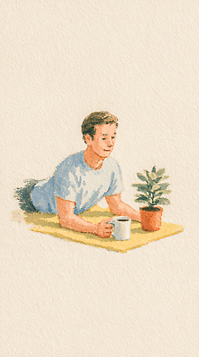 JPG 식물 손 남자 화분 여유 음료 일러스트 자연 실내 표정 사람 취미 일상 컵 인테리어 눕기 매트 국내일러스트 AI일러스트 AI콘텐츠 식기 디자인 감정 모션 내부 라이프 신체부위 생태계 파일형식