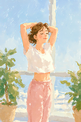 JPG 식물 여자 감정 파도 바다 포즈 일러스트 하늘 휴식 풍경 해변 여름 햇빛 태양 편안함 팔 국내일러스트 AI일러스트 AI콘텐츠 자연요소 계절 컨셉 사람 신체부위 감각 파일형식