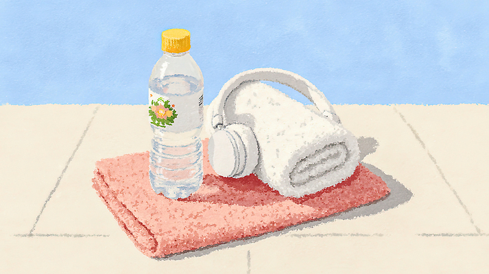 JPG 스포츠 분홍색 일러스트 모션 휴식 건강 일상 여름 수건 운동 환경 운동기구 헬스 매트 흰색 물병 준비 체육관 수분섭취 국내일러스트 AI일러스트 AI콘텐츠 계절 컬러 컨셉 라이프 위생용품 물통 파일형식