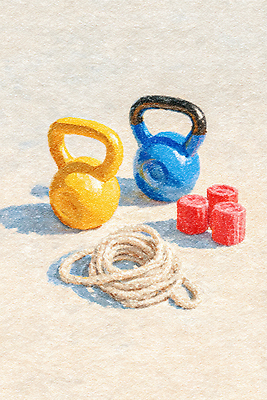 도형 줄 컬러 모션 건강 운동 헬스 파일형식 체육관 케틀벨 노란색 파란색 빨간색 원통형 밧줄 운동기구 힘 연습 웨이트트레이닝 앉기 근력 스트레칭 스포츠 국내일러스트 일러스트 JPG