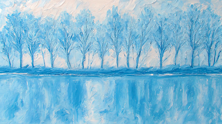 JPG 나무 예술 일러스트 자연 하늘 풍경 물 반사 맑음 고요 나뭇가지 물가 수면 그림 일렬 조화 단순화된 뷰티풀 국내일러스트 AI일러스트 AI콘텐츠 자연요소 식물 날씨 생태계 파일형식