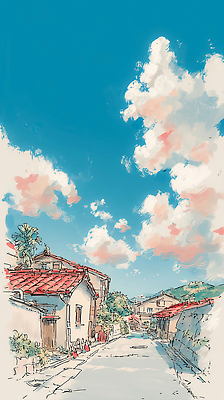 JPG 주간 나무 여행 일러스트 자연 하늘 지붕 거리 주택 사람 풍경 야외 태양 소풍 걷기 마을 시간 구경 그림 국내일러스트 AI일러스트 AI콘텐츠 자연요소 식물 모션 건물 야외활동 생태계 파일형식