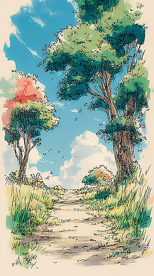 JPG 나무 식물 길 여유 단풍 일러스트 자연 하늘 바람 날씨 풍경 초록색 파란색 햇빛 갈색 걷기 환경 숲 흰구름 숲길 국내일러스트 AI일러스트 AI콘텐츠 자연요소 감정 컬러 잎 모션 태양 생태계 파일형식 구름_자연