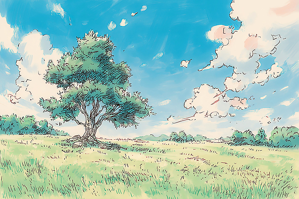 JPG 나무 식물 컬러 일러스트 자연 하늘 바람 풍경 초원 일상 여름 햇빛 공간 자유 시간 수목 청명 국내일러스트 AI일러스트 AI콘텐츠 자연요소 계절 컨셉 날씨 라이프 태양 생태계 파일형식