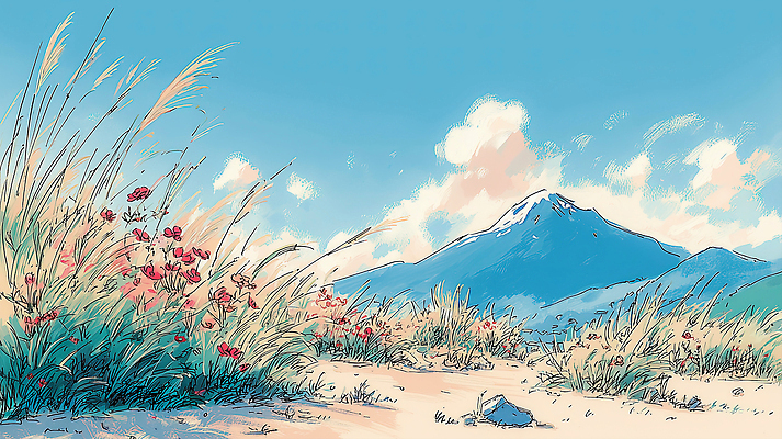 JPG 꽃 컬러 일러스트 자연 하늘 생명 바람 산 풍경 야외 햇빛 탐험 땅 아래 지역 멀리 국내일러스트 AI일러스트 AI콘텐츠 자연요소 식물 날씨 태양 방향 생태계 위치 파일형식