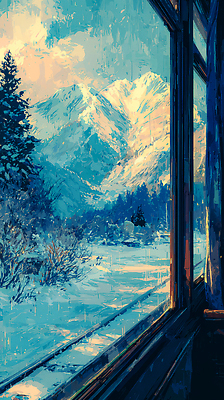 식물 계절 아시아 육상교통 컬러 여행 컨셉 대중교통 역 그림 생태계 파일형식 겨울 기차 산 창문 풍경 나무 흰색 파란색 자연 이동 날씨 한국 풍경화 기차역 국내일러스트 일러스트 JPG 기차여행