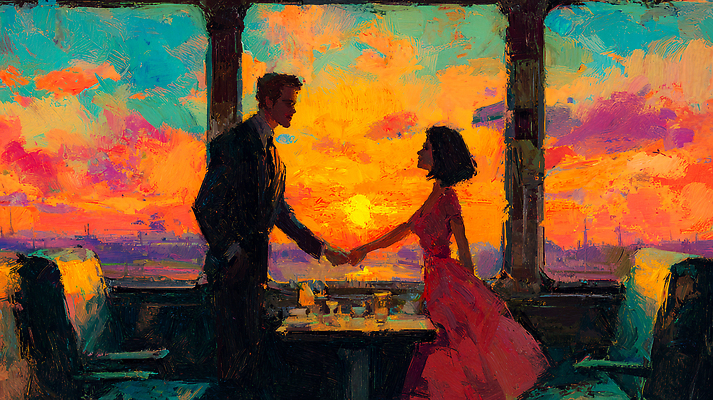 자연요소 육상교통 여행 가구 관계 대중교통 말하기 신체부위 노을 야간 파일형식 기차 사람 손 빛 장면 따뜻함 저녁 일몰 커플 탁자 대화 창문 풍경 뷰티풀 컬러 국내일러스트 일러스트 JPG 기차여행