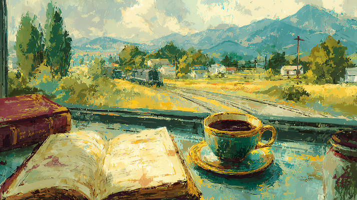 자연요소 식기 음료 육상교통 여행 가구 컨셉 창문 모션 날씨 대중교통 라이프 생태계 파일형식 커피 창가 책 읽기 풍경 산 기차 오후 일상 휴식 자연 탁자 컵 바람 하늘 마을 사람 시간 생각 국내일러스트 일러스트 JPG 기차여행