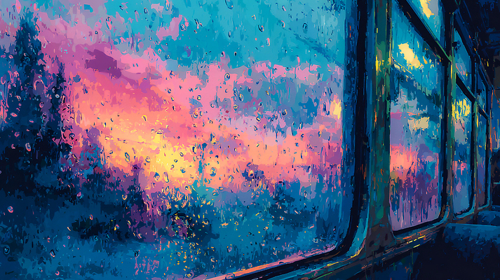 자연요소 식물 시선 육상교통 여행 날씨 대중교통 노을 그림 생태계 파일형식 창문 풍경 자연 나무 하늘 바람 물방울 일몰 컬러 응시 풍경화 국내일러스트 일러스트 JPG 기차여행 기차