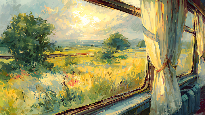 식물 육상교통 여행 컨셉 대중교통 태양 그림 생태계 파일형식 기차 창문 풍경 초원 햇빛 나무 자연 이동 기차여행 오후 하늘 시골 풍경화 감상 고요 국내일러스트 일러스트 JPG