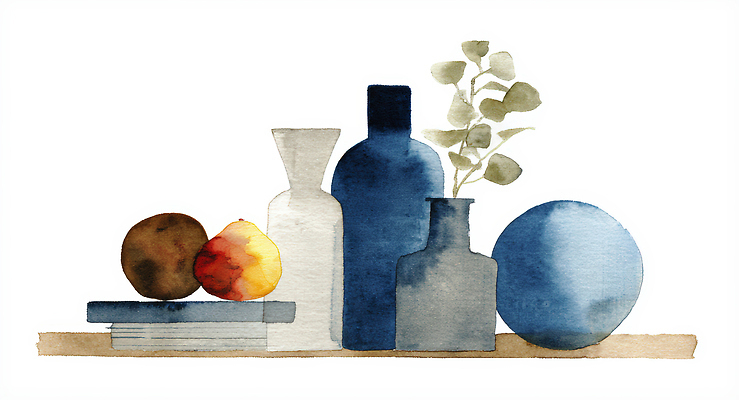 JPG 모양 식물 디자인 컬러 과일 일러스트 식탁 수채화 주택 생활 장식 책 컵 인테리어 배열 오브젝트 그림 장면 구성 국내일러스트 AI일러스트 AI콘텐츠 식기 탁자 건물 파일형식