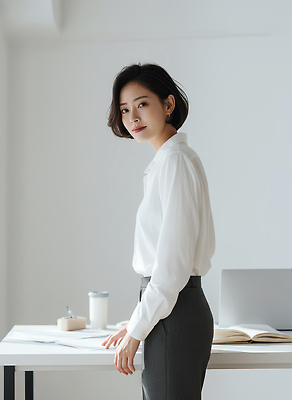 JPG 편집이미지 여자 바지 직장 컴퓨터 사무실 작업 분위기 집중 책상 모던 문서 경영 의료성형뷰티 편집실사 AI인물포토 AI콘텐츠 가구 컨셉 회사 비즈니스 하의 사람 전자제품 CG 파일형식 AI포토