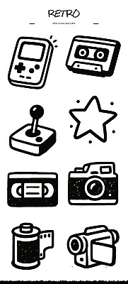컨셉 회사 놀이 전자제품 파일형식 벡터 복고 게임기 카세트테이프 비디오테이프 카메라 필름 스타 아이템 디지털 과거 기술 문화 상품 디자인 중고 게임 추억 기획사 국내일러스트 일러스트 AI파일 낙서