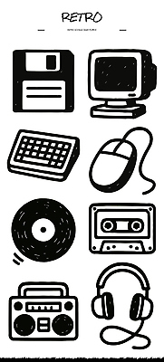 음향기기 컨셉 문화예술 전자제품 컴퓨터용품 음반 파일형식 벡터 복고 음악 플로피디스크 컴퓨터 키보드 마우스 레코드 카세트테이프 헤드폰 라디오 아날로그 디지털 기술 도구 그림 디자인 빈티지 추억 국내일러스트 일러스트 AI파일 낙서