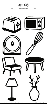 꽃 시계 가구 생활용품 장신구 조명 가전제품 레인지 파일형식 벡터 주방 소형가전제품 토스트기 전자레인지 저울 탁자 램프 꽃병 요리 주방용품 디자인 그림 생활 가정 장식 복고 손목시계 국내일러스트 일러스트 AI파일 낙서