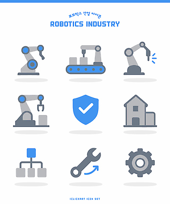 아이콘 컨셉 공업 로봇 오브젝트 파일형식 벡터 산업 기계 작동 제조 기술 공장 안전 도구 조립 설계 부속품 로봇팔 자동화 2D아이콘 AI파일