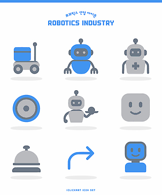 아이콘 컨셉 파일형식 벡터 로봇 산업 디자인 세트 모양 컬러 기능 기계 기술 미래 장비 서비스 자동화 2D아이콘 AI파일
