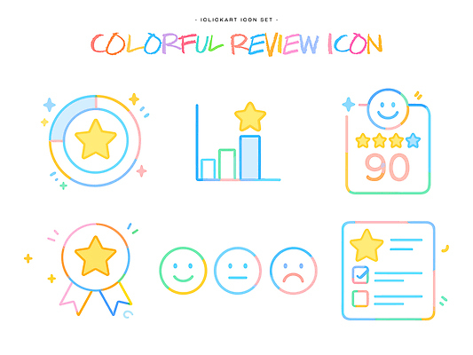 자연요소 아이콘 문자 표정 쇼핑 온라인 파일형식 벡터 리뷰 디자인 컬러 그래프 별 평가 웃음 상품 서비스 도안 세트 기호 2D아이콘 AI파일 마케팅 온라인쇼핑