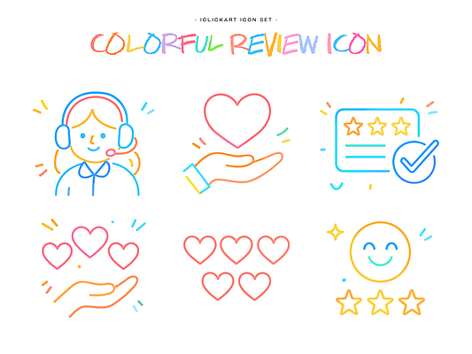 자연요소 모양 아이콘 감정 신체부위 쇼핑 확인 온라인 파일형식 벡터 리뷰 컬러 사람 손 하트 별 체크표시 피드백 사랑 그래픽 디자인 세트 표현 2D아이콘 AI파일 마케팅 온라인쇼핑
