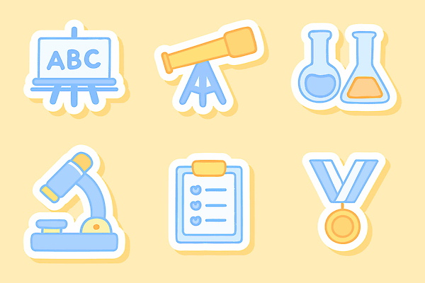 아이콘 교육 컨셉 학교 실험기구 실험 상_상패 파일형식 벡터 교실 실험실 도구 칠판 망원경 비커 현미경 체크리스트 메달 학습 성공 과학 수업 2D아이콘 AI파일