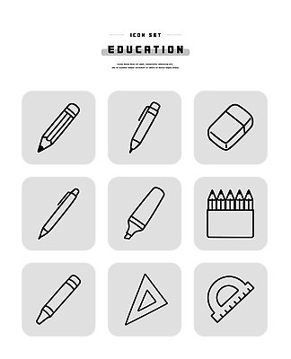 아이콘 학생 교육 문구용품 학용품 사람 필기구 펜 오브젝트 파일형식 벡터 학습 도구 연필 지우개 형광펜 색연필 자 각도기 초등학생 디자인 2D아이콘 AI파일 라인아이콘