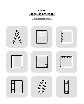 아이콘 교육 문구용품 사무용품 파일형식 벡터 도구 컴파스 공책 메모지 클립 학습 필기구 디자인 그래픽 학교 자료 정보 2D아이콘 AI파일 라인아이콘