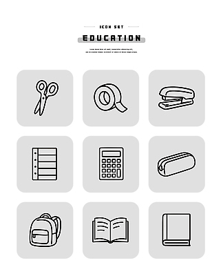아이콘 잡화 교육 문구용품 사무용품 장비 오브젝트 파일형식 벡터 도구 자료 테이프 스테이플러 계산기 공책 가방 책 학교 학습 2D아이콘 AI파일 라인아이콘