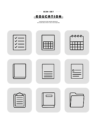 아이콘 교육 컨셉 문구용품 파일형식 벡터 체크리스트 달력 문서 공책 학습 자료 교재 관리 기록 계획 시간 2D아이콘 AI파일 라인아이콘