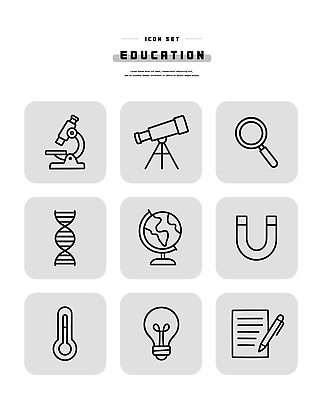아이콘 교육 문구용품 실험기구 생명공학 파일형식 벡터 현미경 망원경 확대경 DNA 지구본 자석 온도계 전구 공책 학습 과학 실험 도구 2D아이콘 AI파일 라인아이콘