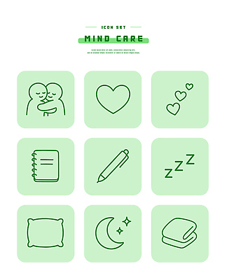 자연요소 아이콘 감정 가구 컨셉 모션 문구용품 물 감각 파일형식 벡터 마음 돌봄 사랑 휴식 기록 공책 침대 편안함 수면 굴레 별 디자인 관리 2D아이콘 AI파일