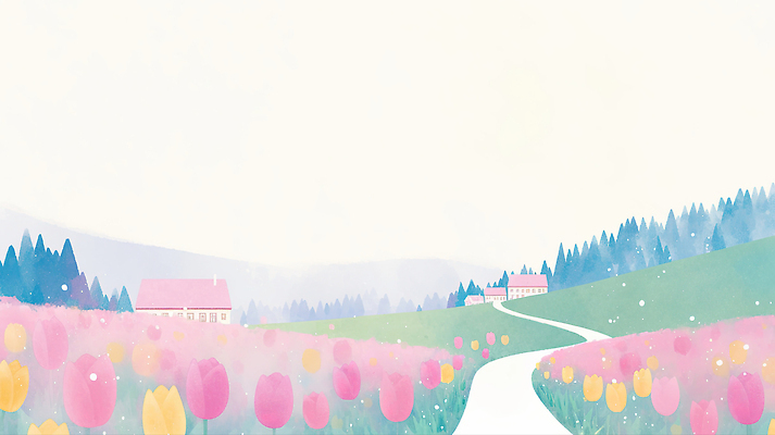 JPG 계절 꽃 길 일러스트 자연 유리 필드 생명 주택 풍경 초원 초록색 파란색 공간 튤립 시골 싱그러움 국내일러스트 AI일러스트 AI콘텐츠 식물 컬러 재질 건물 생태계 파일형식