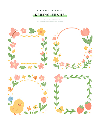 도형 식물 계절 곤충 컨셉 조류 파일형식 벡터 봄 프레임 꽃 나비 병아리 장식 아이디어 자원 꾸미기 그래픽 컬러 디자인 용수철 원형 장난감 국내일러스트 일러스트 AI파일