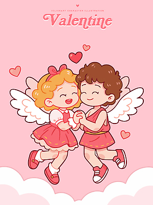 모양 캐릭터 감정 컬러 컨셉 관계 모션 데이이벤트 표정 사람 이벤트 파일형식 벡터 어린이 사랑 발렌타인데이 하트 웃음 손잡기 친구 행복 귀여움 커플 날개 분홍색 두명 기념일 소통 일러캐릭터 일러스트 AI파일