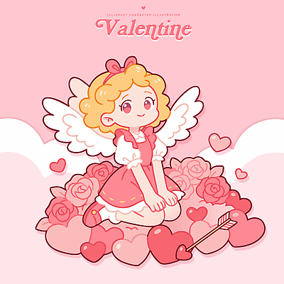 모양 식물 캐릭터 꽃 감정 컬러 컨셉 데이이벤트 사람 이벤트 파일형식 벡터 발렌타인데이 사랑 천사 하트 장미 분홍색 귀여움 기념일 어린이 즐거움 표현 기념 행복 일러캐릭터 일러스트 AI파일