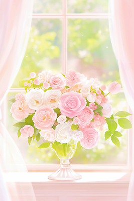 식물 계절 꽃 감정 컬러 가구 병_용기 내부 태양 생태계 냄새 파일형식 창문 꽃다발 유리병 분홍색 흰색 햇빛 실내 자연 초록색 음식 장식 뷰티풀 생활 탁자 향기 식사 여유 국내일러스트 일러스트 JPG 봄 장미