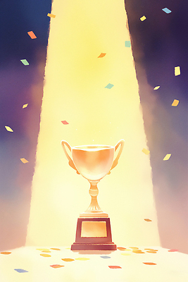 JPG 기념일 상징 일러스트 성공 기념 이벤트 빛 경쟁 기쁨 축하 우승 트로피 금메달 색종이 대회 순간 시상 시상식 연말 국내일러스트 AI일러스트 AI콘텐츠 감정 종이 컨셉 최고 상_우승 메달 파일형식