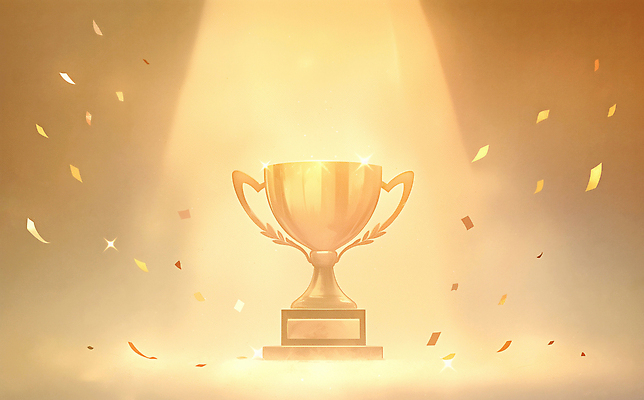 JPG 스포츠 일러스트 성공 조명 기념 경쟁 기쁨 금색 축하 우승 발표 수상_상을받음 중앙 트로피 장면 색종이 대회 시상 시상식 연말 국내일러스트 AI일러스트 AI콘텐츠 감정 종이 컬러 컨셉 최고 상_우승 파일형식