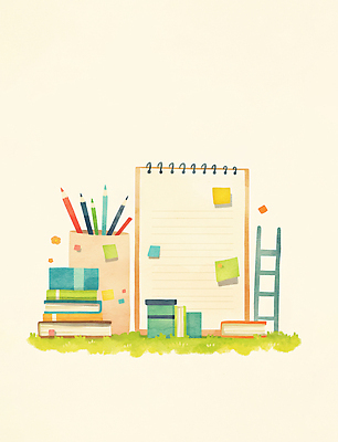 JPG 학생 디자인 예술 백그라운드 일러스트 학교 잔디 책 학습 필기구 연필 계단 사무용품 공책 공간 메모지 작업 정리 준비물 창의성 국내일러스트 AI일러스트 AI콘텐츠 식물 교육 문구용품 학용품 파일형식