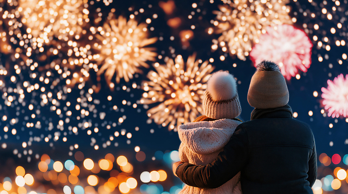 JPG 편집이미지 커플 응시 기념일 행복 야경 하늘 새해 기념 함께함 폭죽 불꽃놀이 사랑 사람 빛 축제 도시 화려 관람 연말 편집실사 AI인물포토 AI콘텐츠 시선 감정 컨셉 관계 놀이 이벤트 야간 CG 파일형식 풍경_경치 AI포토