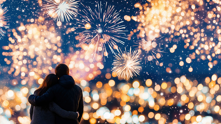 JPG 편집이미지 커플 컬러 야경 하늘 새해 기념 폭죽 불꽃놀이 사랑 사람 이벤트 여름 빛 축제 도시 연말 편집실사 AI인물포토 AI콘텐츠 계절 감정 관계 놀이 야간 CG 파일형식 풍경_경치 AI포토
