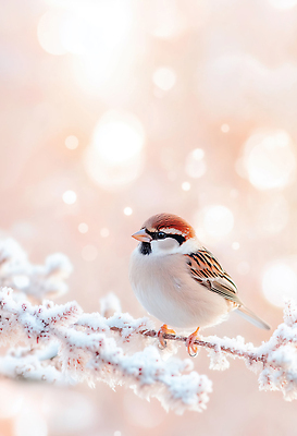 JPG 동물 편집이미지 겨울 자연 조류 생명 아침 환경 얼음 나뭇가지 차가움 숲 참새 새소리 이미지편집 AI컴퓨터그래픽 AI콘텐츠 주간 자연요소 나무 계절 생태계 파일형식