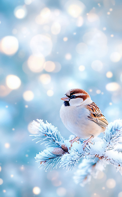 JPG 나무 동물 편집이미지 겨울 자연 조류 풍경 빛 눈송이 차가움 숲 참새 조용 새소리 이미지편집 AI컴퓨터그래픽 AI콘텐츠 식물 계절 눈_날씨 생태계 파일형식