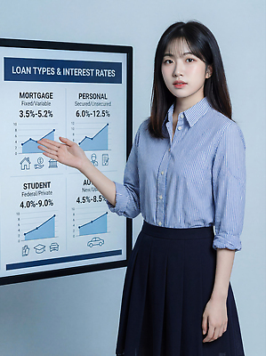 JPG 편집이미지 여자 교육 직장 설명 금융 스크린 정보 프레젠테이션 고정 대출 편집실사 AI인물포토 AI콘텐츠 회사 모션 사람 경제 CG 파일형식 AI포토